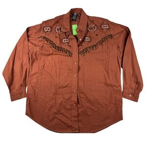 Vintage 90s Short Circuit Embroidered Beaded Western Shirt Brown Boho Medium NWT